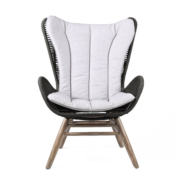 Armen Living King Indoor Outdoor Lounge Chair in Light Eucalyptus Wood with Charcoal Rope and Gray Cushion - LCKGCHCHR