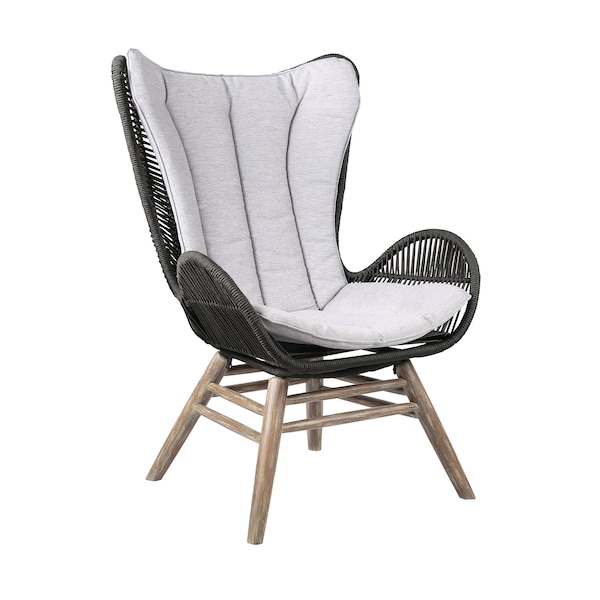 Armen Living King Indoor Outdoor Lounge Chair in Light Eucalyptus Wood with Charcoal Rope and Gray Cushion - LCKGCHCHR