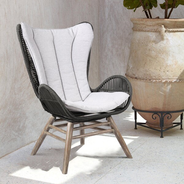 Armen Living King Indoor Outdoor Lounge Chair in Light Eucalyptus Wood with Charcoal Rope and Gray Cushion - LCKGCHCHR