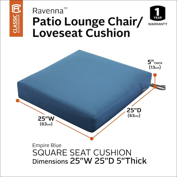 Classic Accessories Ravenna Seat Cushion, Empire Blue, 25"x25"x5" - 62-020-EMBLUE-EC
