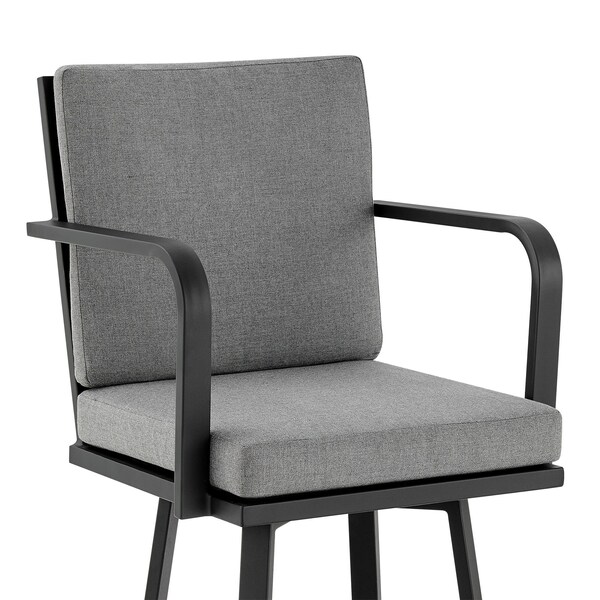 Armen Living Don 30" Outdoor Patio Swivel Bar Stool in Black Aluminum with Gray Cushions - 840254332485