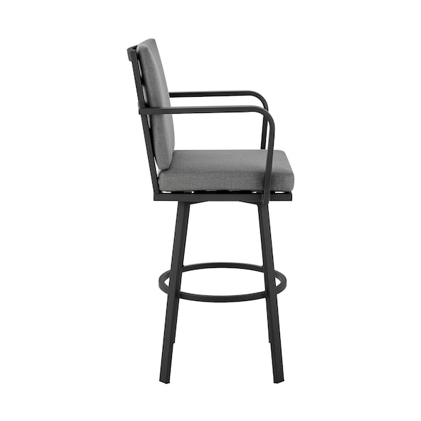 Armen Living Don 30" Outdoor Patio Swivel Bar Stool in Black Aluminum with Gray Cushions - 840254332485