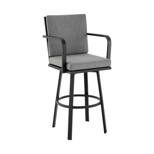 Armen Living Don 30" Outdoor Patio Swivel Bar Stool in Black Aluminum with Gray Cushions - 840254332485