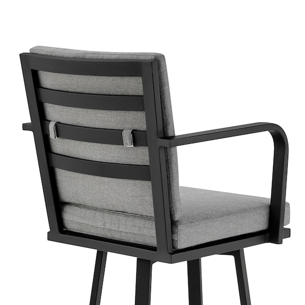 Armen Living Don 30" Outdoor Patio Swivel Bar Stool in Black Aluminum with Gray Cushions - 840254332485