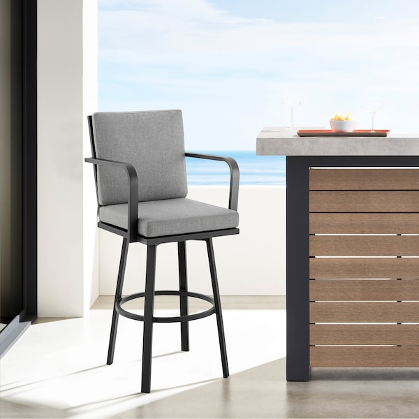 Armen Living Don 30" Outdoor Patio Swivel Bar Stool in Black Aluminum with Gray Cushions - 840254332485