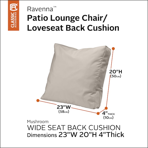 Classic Accessories Patio Lounge Chair/Loveseat Back Cushion, 23 x 20 x 4 Inch, Mushroom - 62-060-MUSHRM-EC