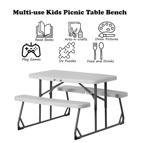 Gardenised Kids Picnic Table, White, Plastic, 21.3 in H Overall - QI004602WT