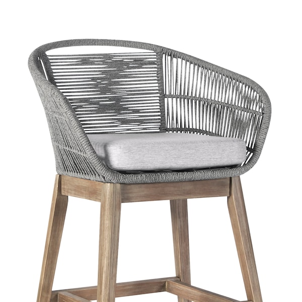 Armen Living Tutti Frutti Indoor Outdoor Counter Height Bar Stool in Light Eucalyptus Wood with Gray Rope - LCTFBAGRTK26