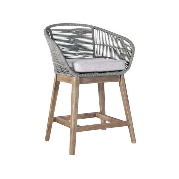 Armen Living Tutti Frutti Indoor Outdoor Counter Height Bar Stool in Light Eucalyptus Wood with Gray Rope - LCTFBAGRTK26
