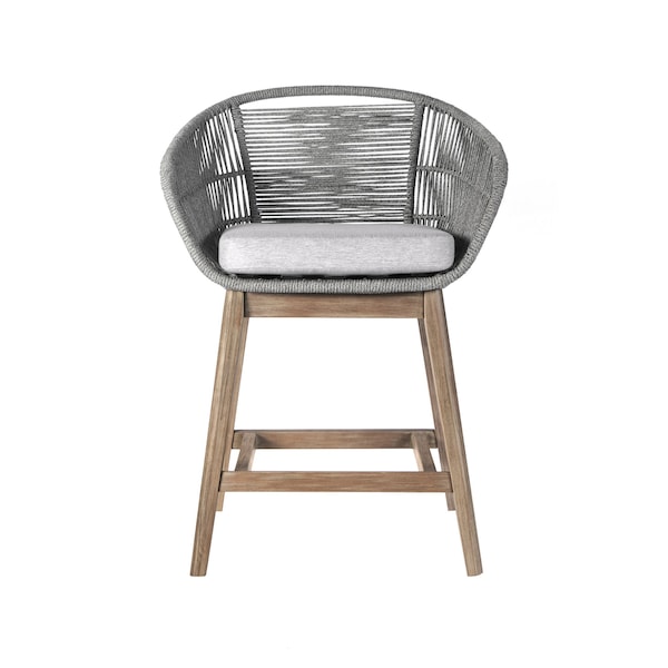 Armen Living Tutti Frutti Indoor Outdoor Counter Height Bar Stool in Light Eucalyptus Wood with Gray Rope - LCTFBAGRTK26