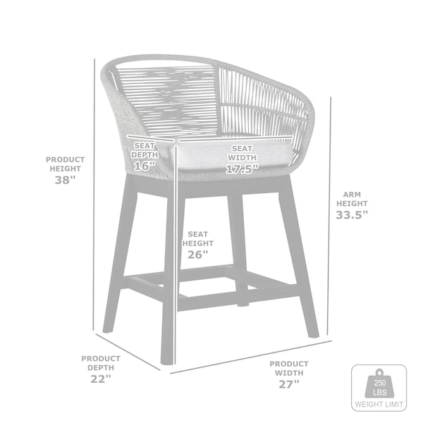 Armen Living Tutti Frutti Indoor Outdoor Counter Height Bar Stool in Light Eucalyptus Wood with Gray Rope - LCTFBAGRTK26