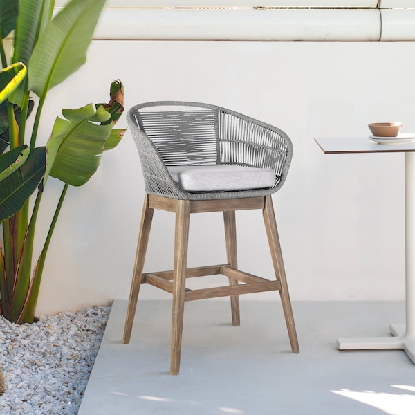 Armen Living Tutti Frutti Indoor Outdoor Counter Height Bar Stool in Light Eucalyptus Wood with Gray Rope - LCTFBAGRTK26