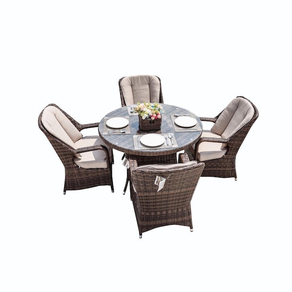 Claustro 5 Piece 4-Seat PE Rattan Wicker Outdoor Patio and Garden Round Dining Table Chair Set - CL2566978