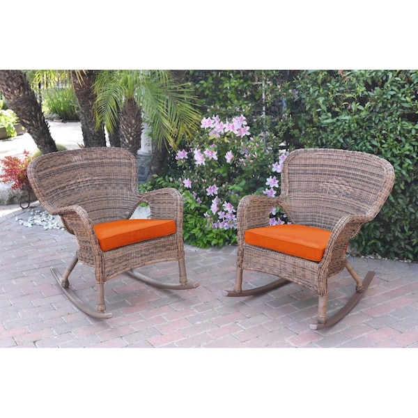 Propation W00212-R-2-FS016 Windsor Honey Resin Wicker Rocker Chair with Orange Cushion, 2PK - PR1081313