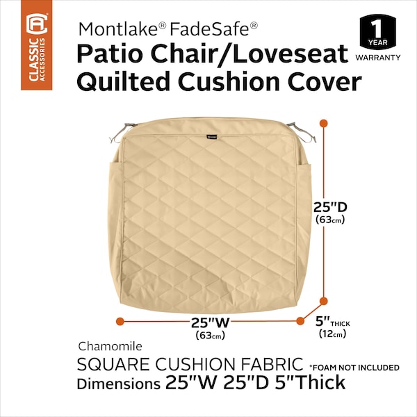 Classic Accessories Montlake Quilted Cushion Slipcover, Chamomile, 25"x25"x5" - 60-463-016201-RT