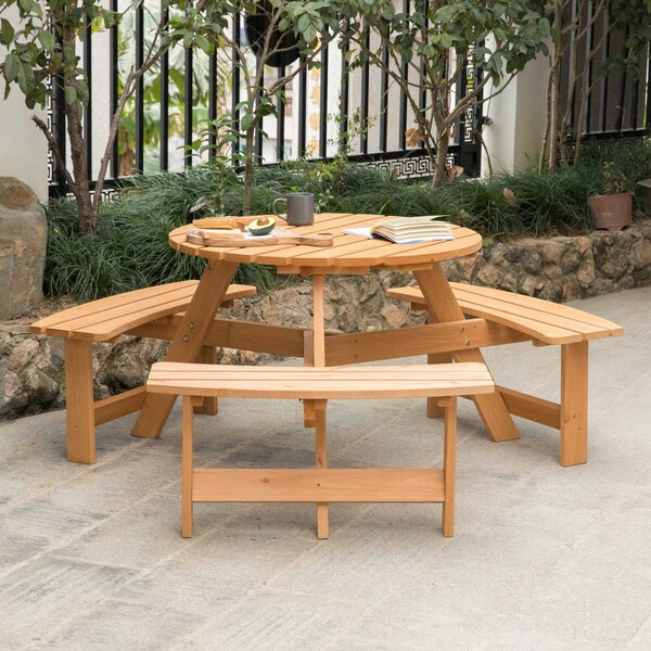 Gardenised Outdoor Round Picnic Table with Bench & Umbrella Hole, 6-Person, Stained Wood - QI003904.ST