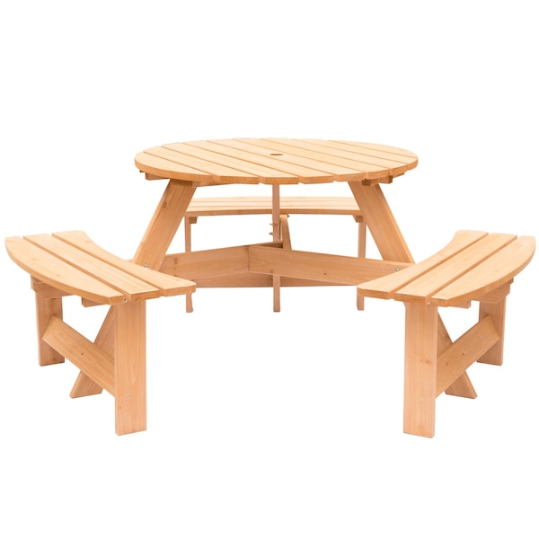 Gardenised Outdoor Round Picnic Table with Bench & Umbrella Hole, 6-Person, Stained Wood - QI003904.ST
