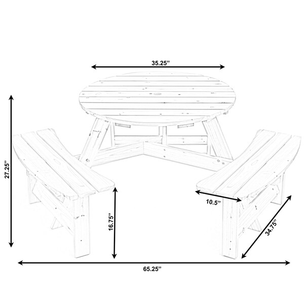 Gardenised Outdoor Round Picnic Table with Bench & Umbrella Hole, 6-Person, Stained Wood - QI003904.ST