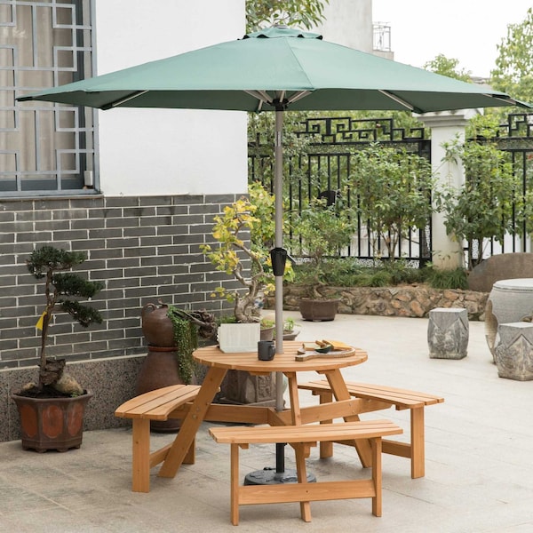 Gardenised Outdoor Round Picnic Table with Bench & Umbrella Hole, 6-Person, Stained Wood - QI003904.ST