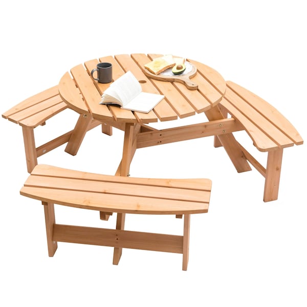 Gardenised Outdoor Round Picnic Table with Bench & Umbrella Hole, 6-Person, Stained Wood - QI003904.ST