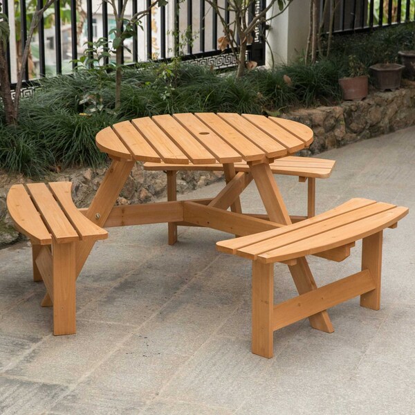 Gardenised Outdoor Round Picnic Table with Bench & Umbrella Hole, 6-Person, Stained Wood - QI003904.ST