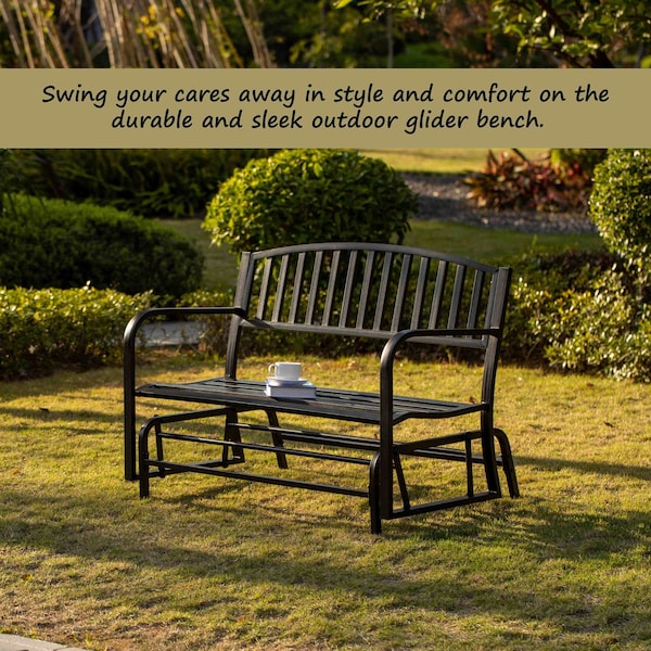 Gardenised Gardenised Outdoor Black Steel Swing, Powder Coated Glider Bench, Loveseat Lawn Rocker Bench for Yard, Patio, Garden and Deck - QI003392