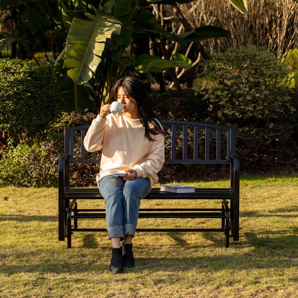 Gardenised Gardenised Outdoor Black Steel Swing, Powder Coated Glider Bench, Loveseat Lawn Rocker Bench for Yard, Patio, Garden and Deck - QI003392