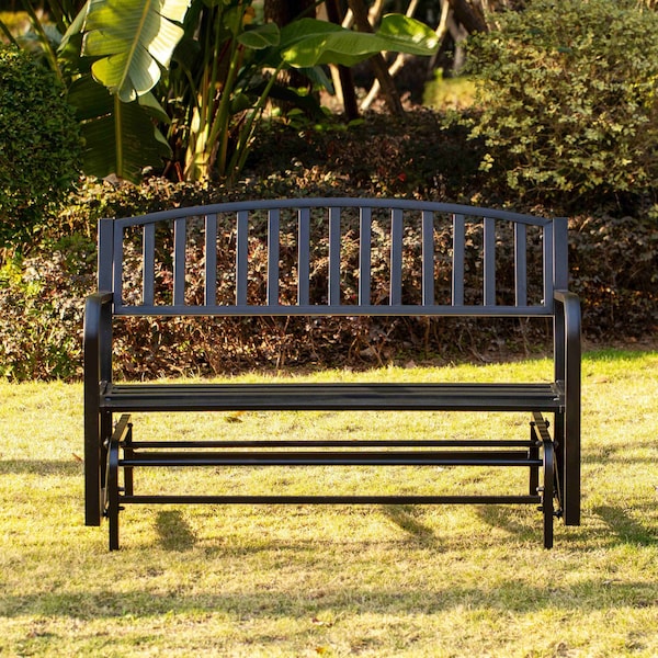 Gardenised Gardenised Outdoor Black Steel Swing, Powder Coated Glider Bench, Loveseat Lawn Rocker Bench for Yard, Patio, Garden and Deck - QI003392