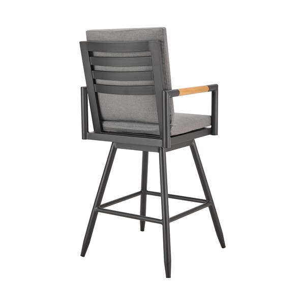 Armen Living Crown Outdoor Patio Swivel Bar Stool in Black Aluminum with Wood Accent and Dark Gray Cushions - LCCRSWBABLKDGRY30