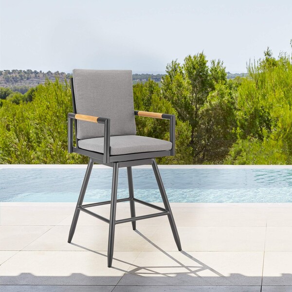 Armen Living Crown Outdoor Patio Swivel Bar Stool in Black Aluminum with Wood Accent and Dark Gray Cushions - LCCRSWBABLKDGRY30