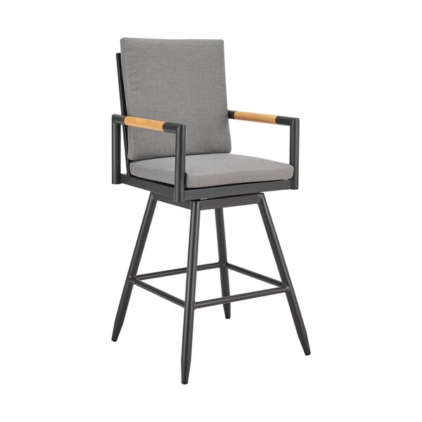 Armen Living Crown Outdoor Patio Swivel Bar Stool in Black Aluminum with Wood Accent and Dark Gray Cushions - LCCRSWBABLKDGRY30