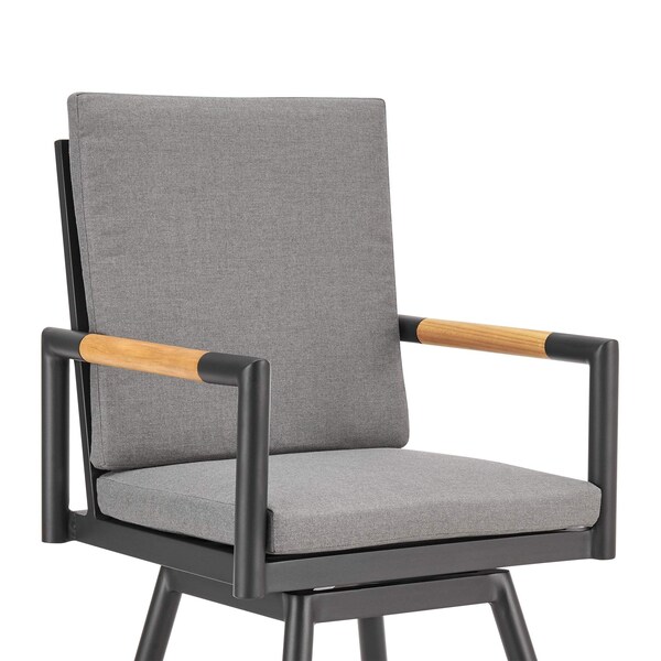 Armen Living Crown Outdoor Patio Swivel Bar Stool in Black Aluminum with Wood Accent and Dark Gray Cushions - LCCRSWBABLKDGRY30