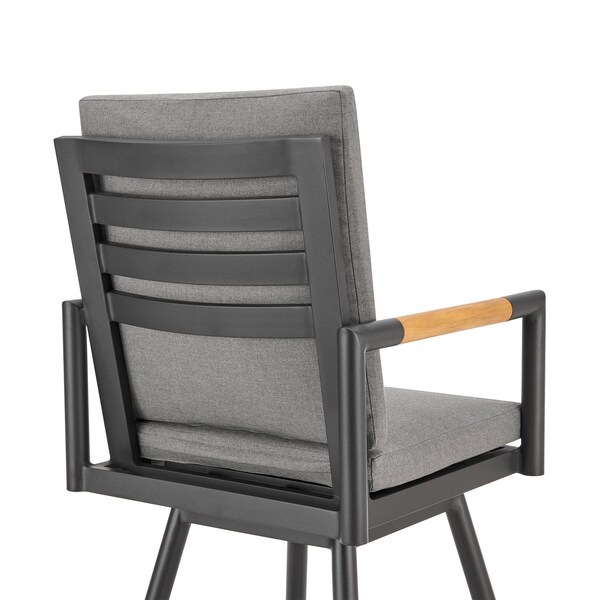 Armen Living Crown Outdoor Patio Swivel Bar Stool in Black Aluminum with Wood Accent and Dark Gray Cushions - LCCRSWBABLKDGRY30