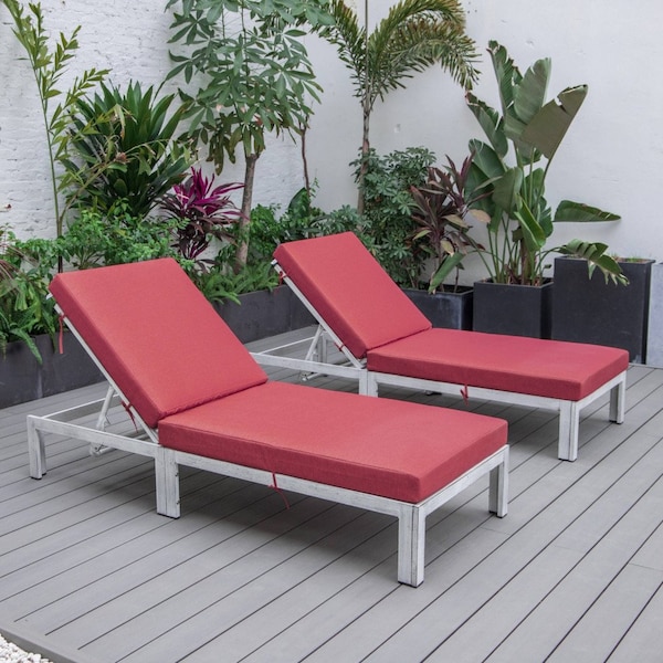 Leisuremod Chelsea Modern Outdoor Weathered Grey Chaise Lounge Chair With Red Cushions - CLWGR-77R2