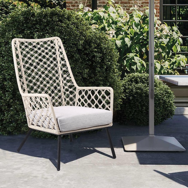 Armen Living Marco Indoor Outdoor Steel Lounge Chair with Natural Springs Rope and Gray Cushion - LCMPCHNAT