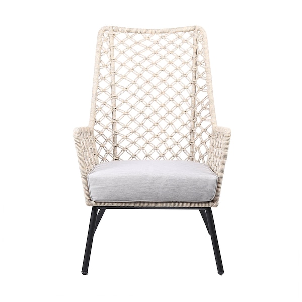 Armen Living Marco Indoor Outdoor Steel Lounge Chair with Natural Springs Rope and Gray Cushion - LCMPCHNAT