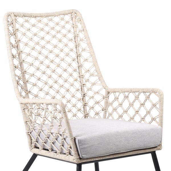 Armen Living Marco Indoor Outdoor Steel Lounge Chair with Natural Springs Rope and Gray Cushion - LCMPCHNAT