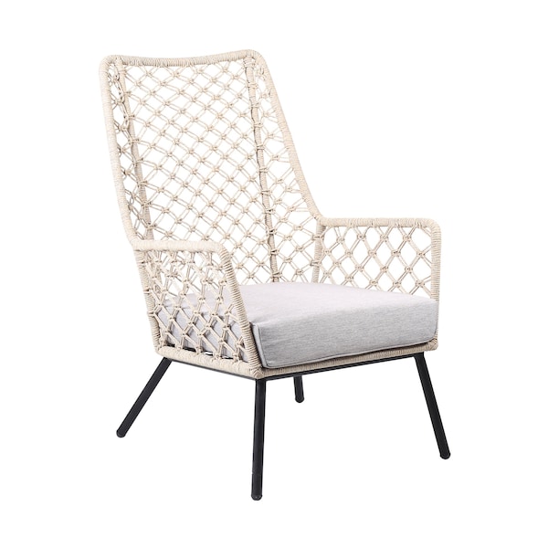 Armen Living Marco Indoor Outdoor Steel Lounge Chair with Natural Springs Rope and Gray Cushion - LCMPCHNAT