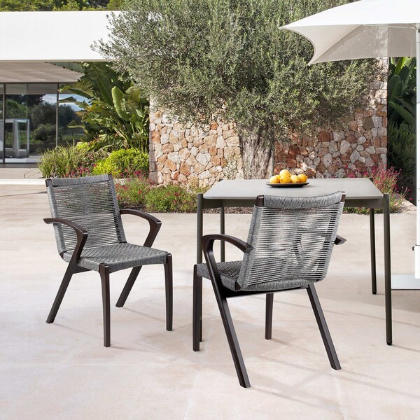 Armen Living Nabila Outdoor Dark Eucalyptus Wood and Gray Rope Dining Chairs - Set of 2 - 840254333420