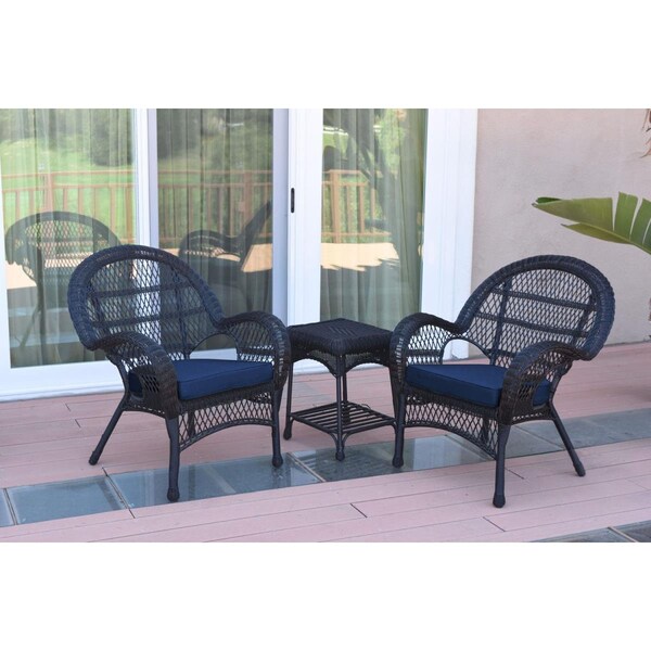 Jeco W00211-2-CES011 3 Piece Santa Maria Black Wicker Chair Set, Blue Cushion - W00211_2-CES011
