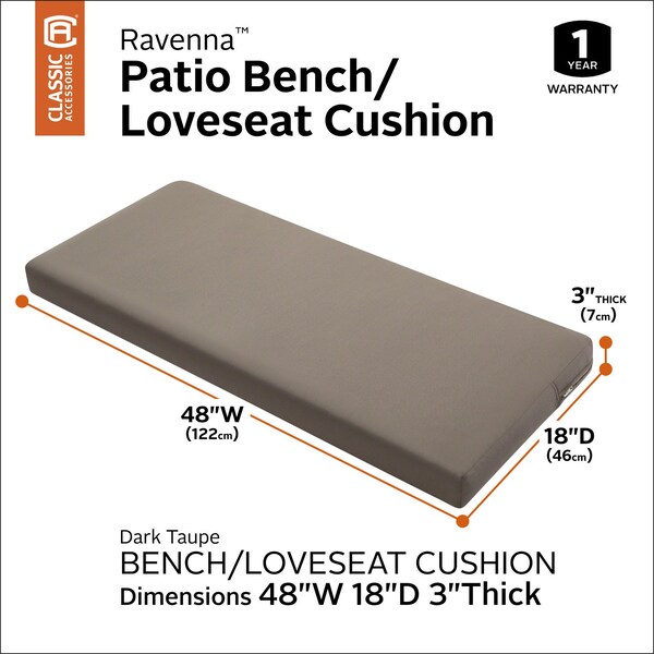 Classic Accessories Ravenna Bench Cushion, Dark Taupe, 48"x18"x3" - 62-015-TAUPE-EC