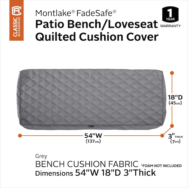 Classic Accessories Montlake Quilted Cushion Slipcover, Grey, 54"x18"x3" - 60-449-011001-RT