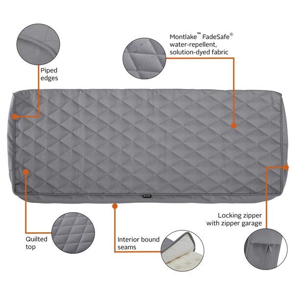 Classic Accessories Montlake Quilted Cushion Slipcover, Grey, 54"x18"x3" - 60-449-011001-RT