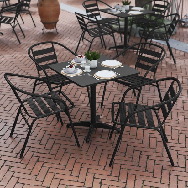 Flash Furniture Lila 27.5in Black Square Aluminum Indoor-Outdoor Table Set with 4 Black Slat Back Chairs - TLH-ALUM-28SQ-017BK4-GG