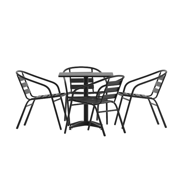 Flash Furniture Lila 27.5in Black Square Aluminum Indoor-Outdoor Table Set with 4 Black Slat Back Chairs - TLH-ALUM-28SQ-017BK4-GG