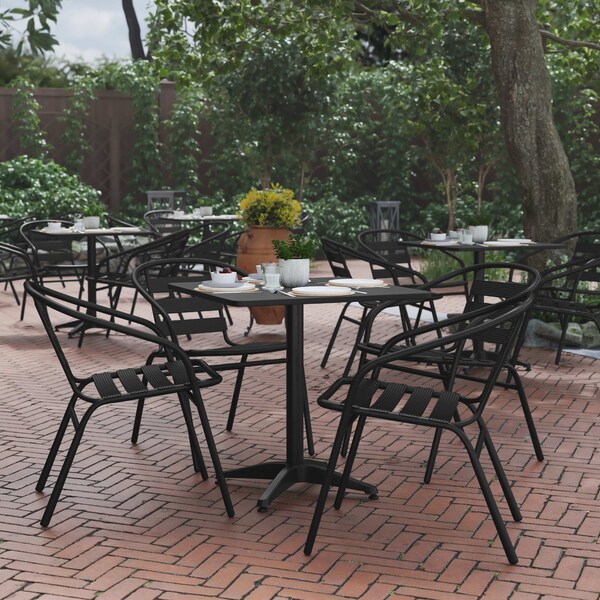 Flash Furniture Lila 27.5in Black Square Aluminum Indoor-Outdoor Table Set with 4 Black Slat Back Chairs - TLH-ALUM-28SQ-017BK4-GG