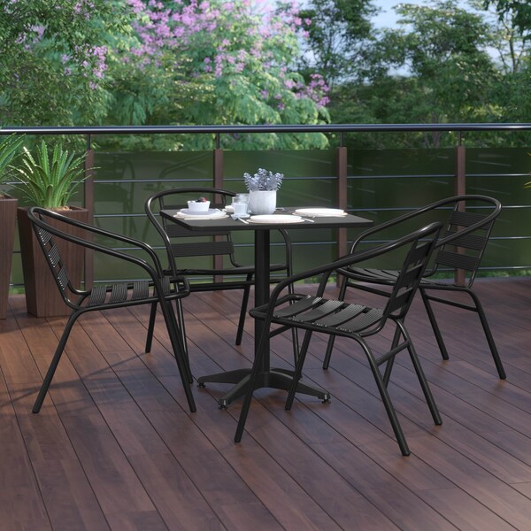 Flash Furniture Lila 27.5in Black Square Aluminum Indoor-Outdoor Table Set with 4 Black Slat Back Chairs - TLH-ALUM-28SQ-017BK4-GG