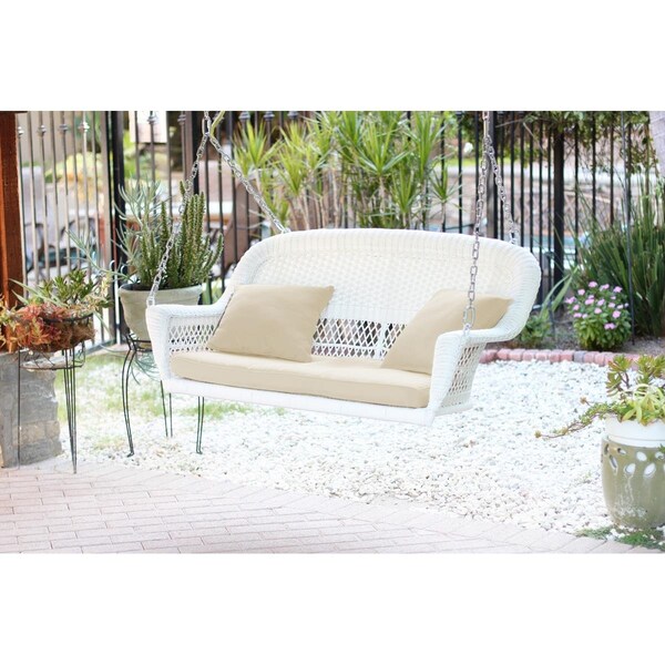 Jeco White Resin Wicker Porch Swing with Ivory Cushion - W00206S-B-FS001