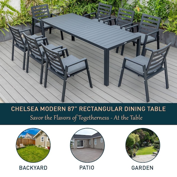 Leisuremod Chelsea Aluminum Outdoor 87in Dining Table, Black - CT87BL