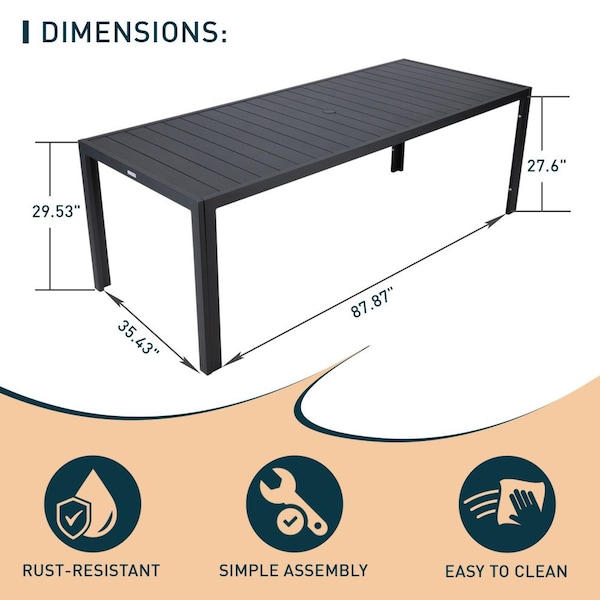 Leisuremod Chelsea Aluminum Outdoor 87in Dining Table, Black - CT87BL